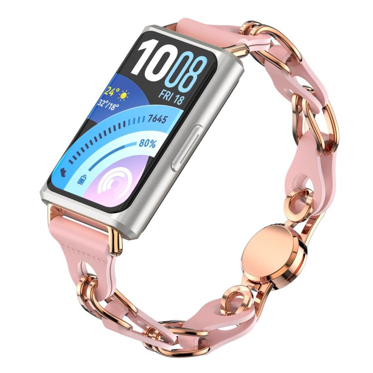 Elegante cinturino per orologio in metallo con catena in ecopelle traforata., For Huawei Band 11 / Band 11 Pro