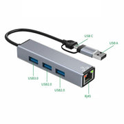 HC-78 USB-C / USB-A to USB3.0 / 2.0 RJ45 Network Card Splitter 4 in 1 Hub Ethernet Adapter, HC-78