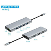 HC-84Q HD VGA RJ45 Ethernet Port Expansion Dock PD 60W Charging 11 in 1 USB-C Hub, HC-84Q