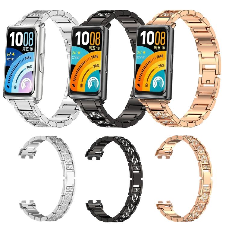 Cinturino per orologio in metallo con tre perline e diamanti incastonati, For Huawei Band 11 / Band 11 Pro