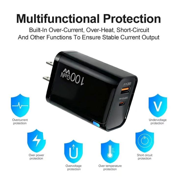 Caricabatterie PD47 GaN da 100 W con porta PD Type-C e QC3.0 USB, cavo dati da USB-C a USB-C, spina USA., US Plug