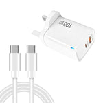 Caricabatterie PD47 GaN da 100 W con porta PD Type-C e QC3.0 USB, cavo dati da USB-C a USB-C, spina UK., UK Plug