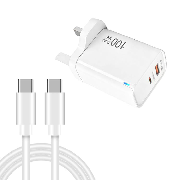 Caricabatterie PD47 GaN da 100 W con porta PD Type-C e QC3.0 USB, cavo dati da USB-C a USB-C, spina UK., UK Plug