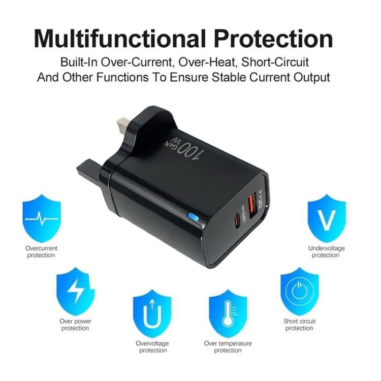 Caricabatterie PD47 GaN da 100 W con porta PD Type-C e QC3.0 USB, cavo dati da USB-C a USB-C, spina UK., UK Plug