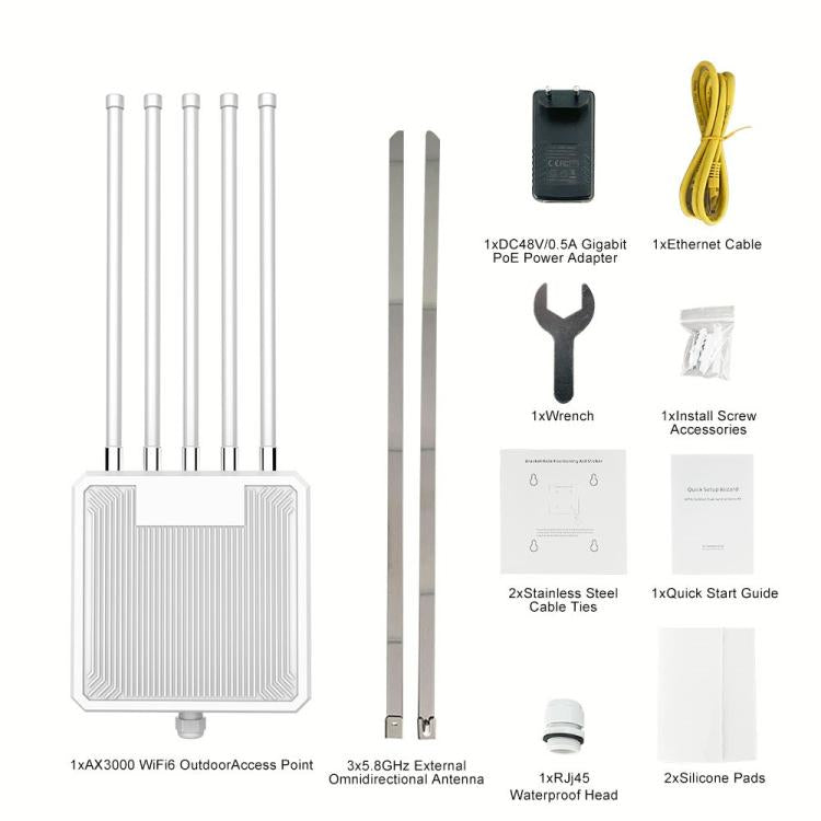 Router HW3000L IP67 impermeabile, WiFi 6 3000Mbps Dual Band 2.4/5G con antenna ad alto guadagno e PoE, US Plug, EU Plug, UK Plug, AU Plug