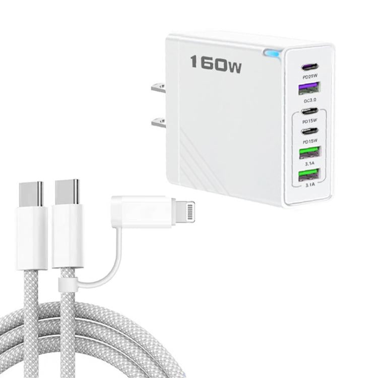 Caricabatterie rapido da 160 W con 3 porte Type-C e 3 porte USB, cavo da Type-C a Type-C / 8 pin e spina USA., US Plug + Cable