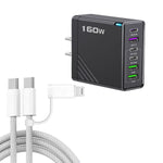Caricabatterie rapido da 160 W con 3 porte Type-C e 3 porte USB, cavo da Type-C a Type-C / 8 pin e spina USA., US Plug + Cable
