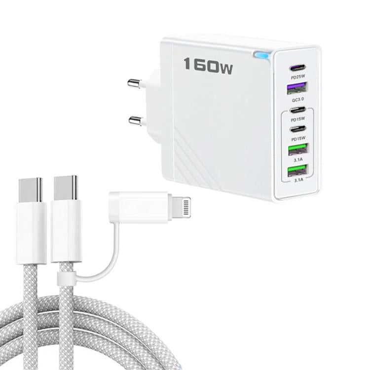 Caricabatterie rapido da 160 W con 3 porte Type-C e 3 porte USB, cavo da Type-C a Type-C / 8 pin e spina europea., EU Plug + Cable
