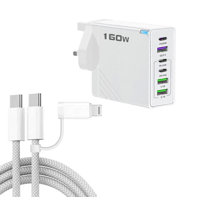Caricabatterie rapido da 160 W con 3 porte Type-C e 3 porte USB, cavo da Type-C a Type-C / 8 pin e spina UK., UK Plug + Cable
