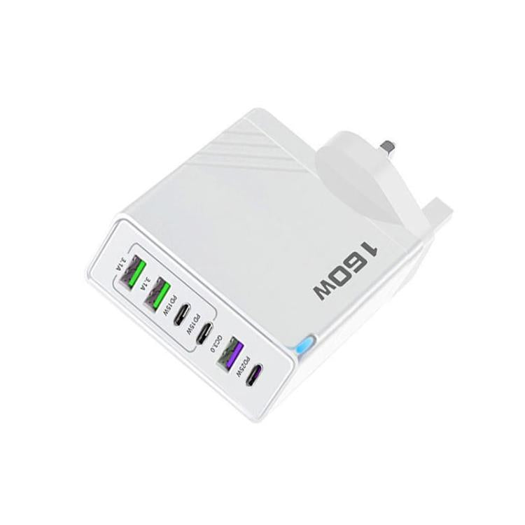 Caricabatterie rapido da 160 W con 3 porte Type-C e 3 porte USB, cavo da Type-C a Type-C / 8 pin e spina UK., UK Plug + Cable