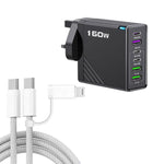 Caricabatterie rapido da 160 W con 3 porte Type-C e 3 porte USB, cavo da Type-C a Type-C / 8 pin e spina UK., UK Plug + Cable