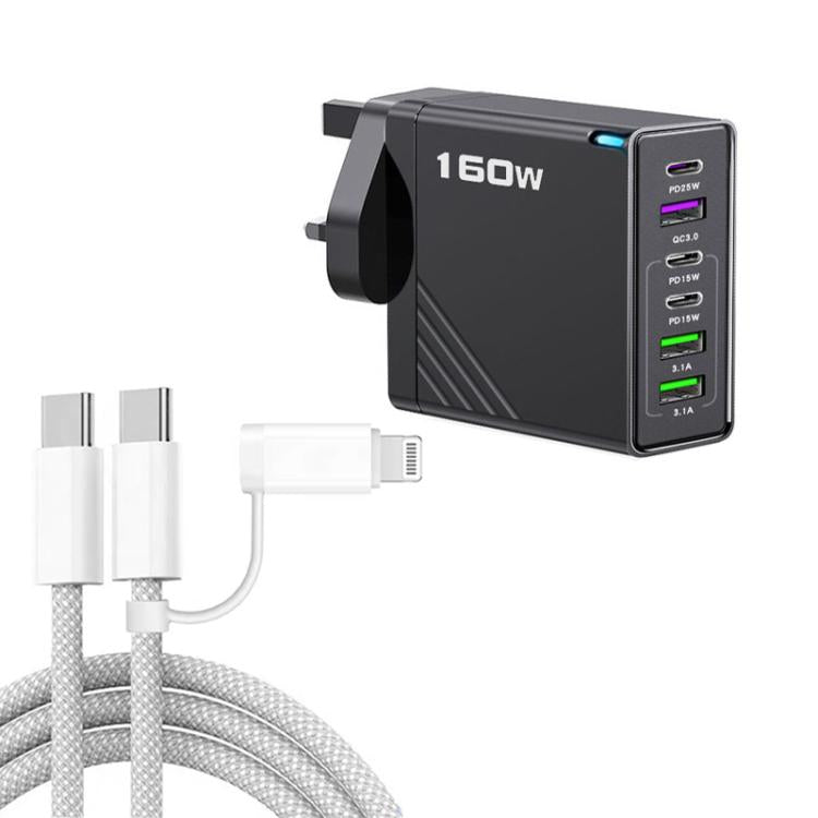 Caricabatterie rapido da 160 W con 3 porte Type-C e 3 porte USB, cavo da Type-C a Type-C / 8 pin e spina UK., UK Plug + Cable