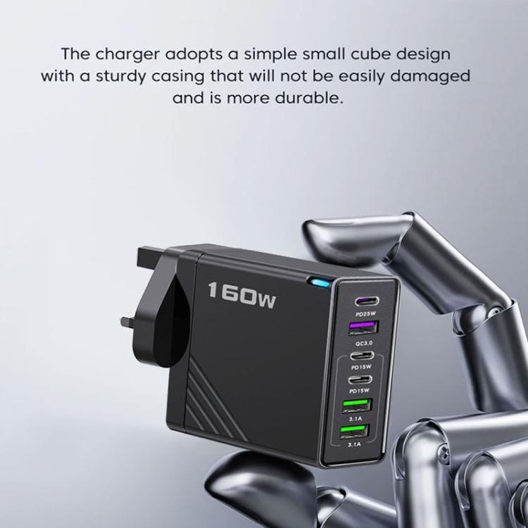 Caricabatterie rapido da 160 W con 3 porte Type-C e 3 porte USB, cavo da Type-C a Type-C / 8 pin e spina UK., UK Plug + Cable
