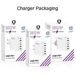 Caricabatterie rapido da 160 W con 3 porte Type-C e 3 porte USB, cavo da Type-C a Type-C / 8 pin e spina UK., UK Plug + Cable