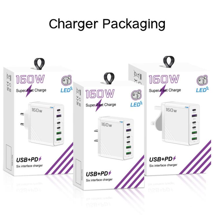 Caricabatterie rapido da 160 W con 3 porte Type-C e 3 porte USB, cavo da Type-C a Type-C / 8 pin e spina UK., UK Plug + Cable