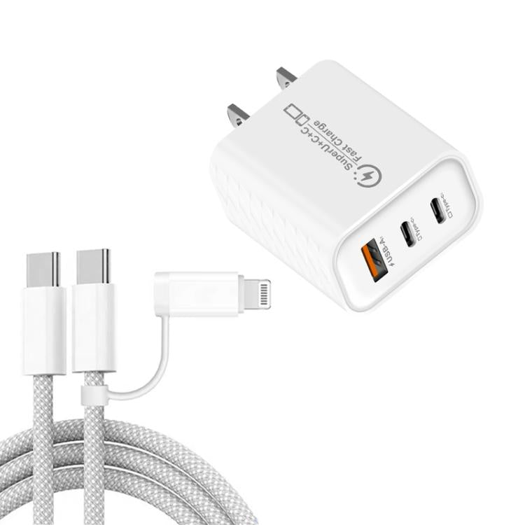 949-2C1A PD25W Caricabatterie USB 3.0 con 2 porte Type-C e cavo da Type-C a Type-C / 8 pin, spina USA, US Plug + Cable