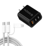 949-2C1A PD25W Caricabatterie USB 3.0 con 2 porte Type-C e cavo da Type-C a Type-C / 8 pin, spina USA, US Plug + Cable