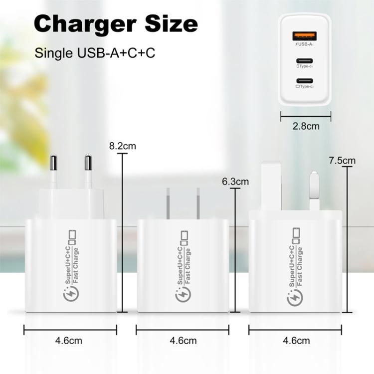 949-2C1A PD25W Caricabatterie USB 3.0 con 2 porte Type-C e cavo da Type-C a Type-C / 8 pin, spina USA, US Plug + Cable