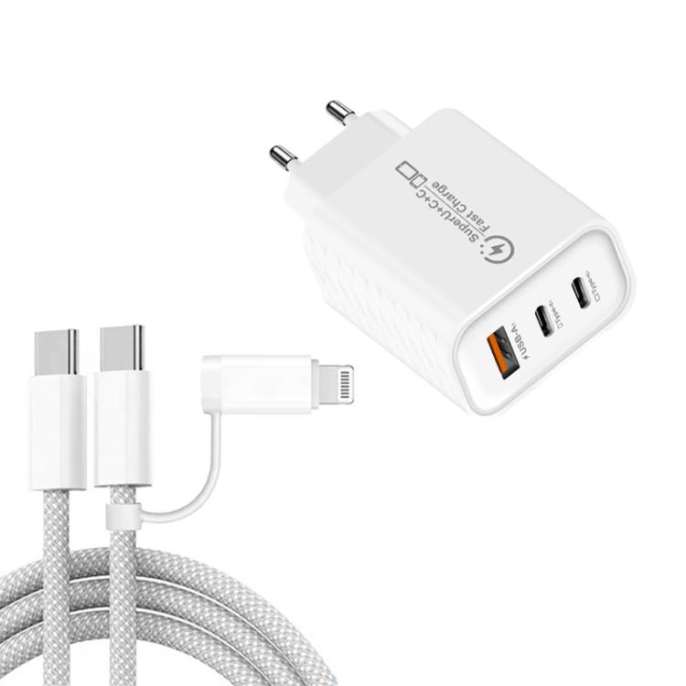 949-2C1A PD25W Caricabatterie USB 3.0 con 2 porte Type-C e cavo da Type-C a Type-C / 8 pin, spina europea, EU Plug + Cable