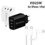 949-2C1A PD25W Caricabatterie USB 3.0 con 2 porte Type-C e cavo da Type-C a Type-C / 8 pin, spina europea, EU Plug + Cable