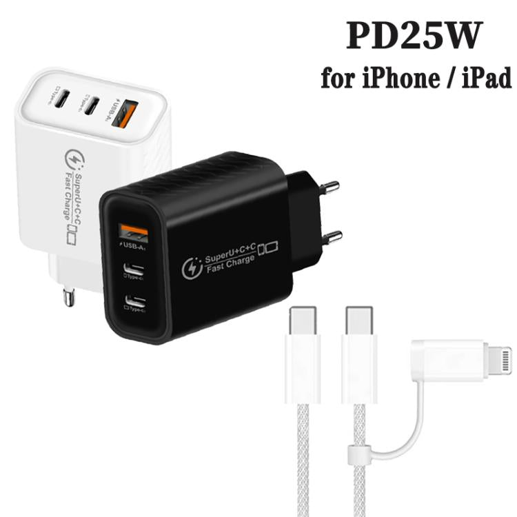 949-2C1A PD25W Caricabatterie USB 3.0 con 2 porte Type-C e cavo da Type-C a Type-C / 8 pin, spina europea, EU Plug + Cable