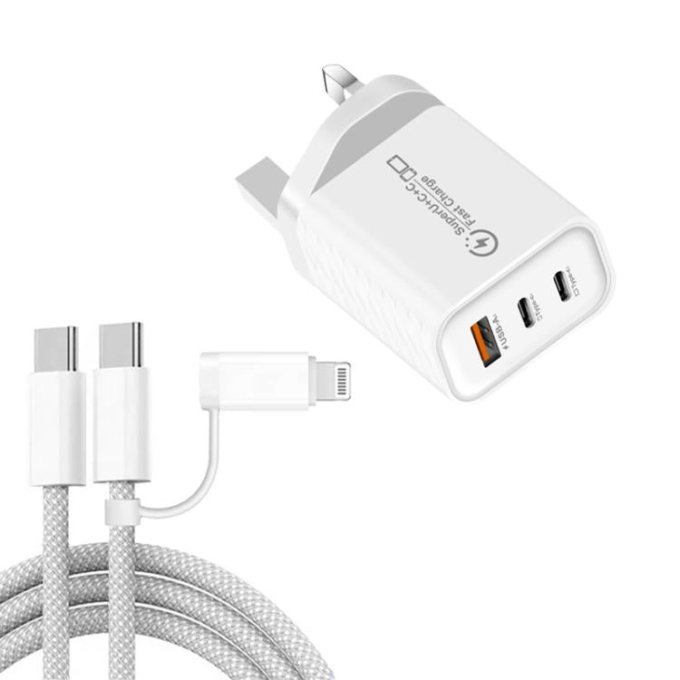 949-2C1A PD25W Caricabatterie USB 3.0 con 2 porte Type-C e cavo da Type-C a Type-C / 8 pin, spina UK, UK Plug + Cable