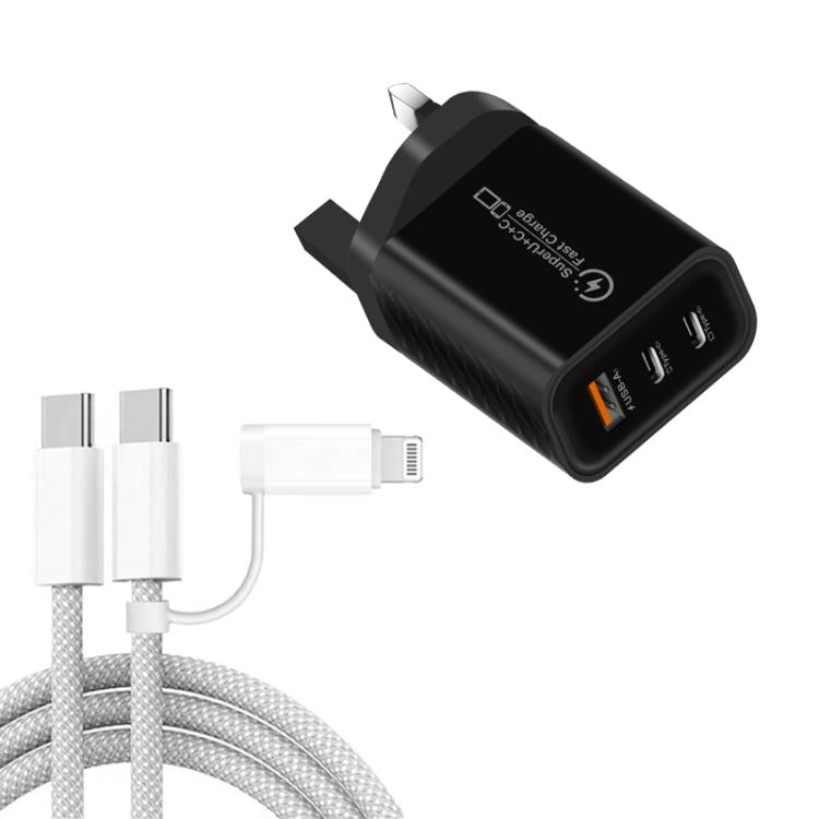 949-2C1A PD25W Caricabatterie USB 3.0 con 2 porte Type-C e cavo da Type-C a Type-C / 8 pin, spina UK, UK Plug + Cable