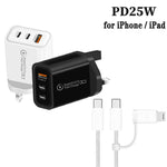 949-2C1A PD25W Caricabatterie USB 3.0 con 2 porte Type-C e cavo da Type-C a Type-C / 8 pin, spina UK, UK Plug + Cable