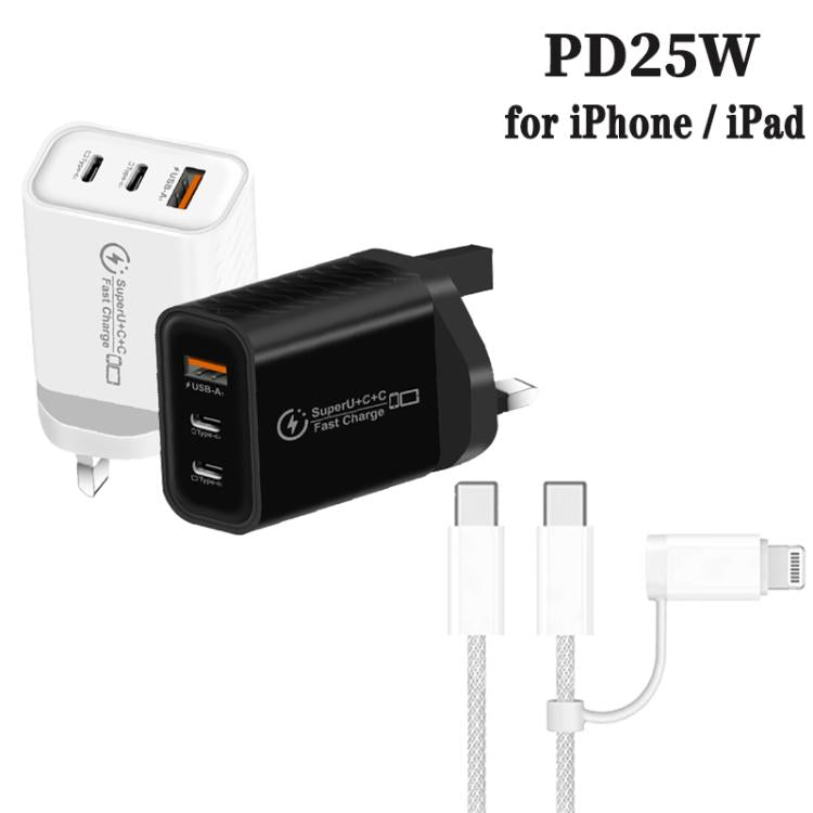 949-2C1A PD25W Caricabatterie USB 3.0 con 2 porte Type-C e cavo da Type-C a Type-C / 8 pin, spina UK, UK Plug + Cable