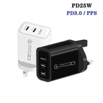 Caricabatterie doppio 949-2C PD25W con porta Type-C, compatibile con protocollo PD3.0 / PPS, spina UK., UK Plug