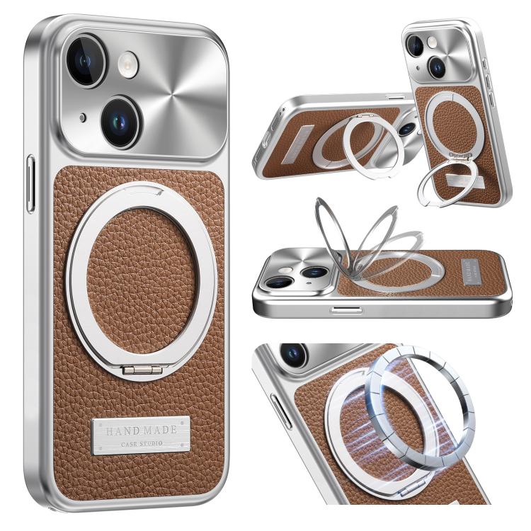 Custodia per telefono antiurto con supporto magnetico placcato effetto litchi., For iPhone 13