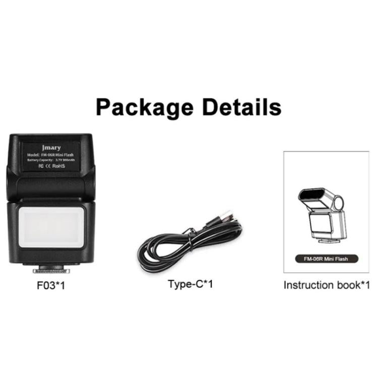 JMARY FM-06R Mini flash per fotocamera, luce di riempimento, attacco a slitta, luce LED ricaricabile da 300 mAh
