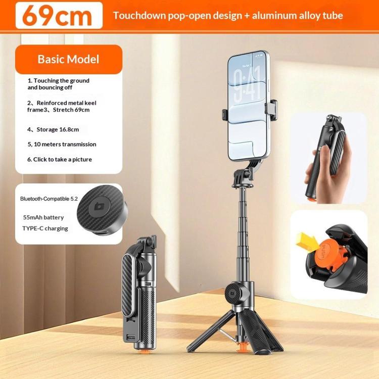 T01 Mini selfie stick per fotografia, treppiede estensibile da 69 cm, telecomando Bluetooth, supporto per telefono