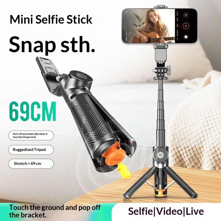 T01 Mini selfie stick per fotografia, treppiede estensibile da 69 cm, telecomando Bluetooth, supporto per telefono