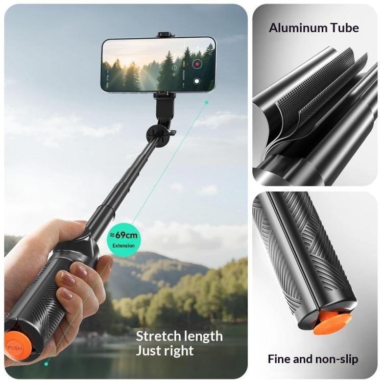 T01 Mini selfie stick per fotografia, treppiede estensibile da 69 cm, telecomando Bluetooth, supporto per telefono
