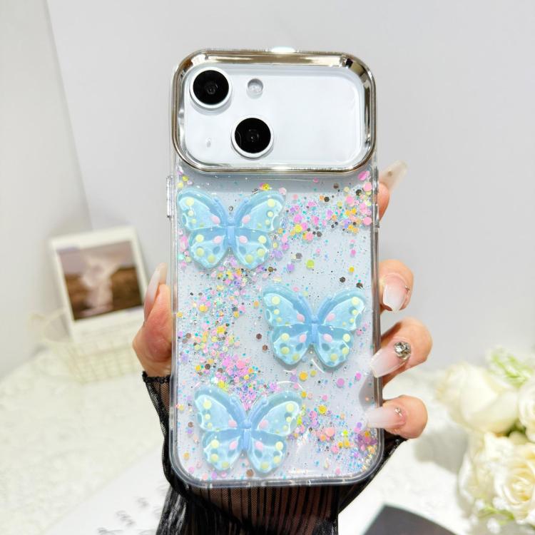 Custodia per telefono in resina epossidica con farfalle 3D glitterate, For iPhone 15 Pro, For iPhone 15 Plus, For iPhone 15