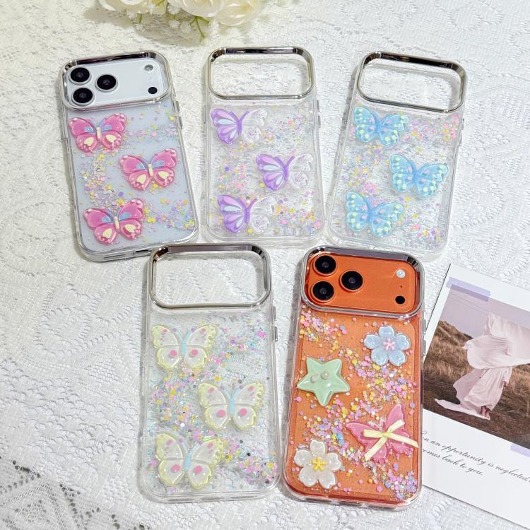 Custodia per telefono in resina epossidica con farfalle 3D glitterate, For iPhone 16 Pro, For iPhone 16 Plus, For iPhone 16, For iPhone 15 Pro Max