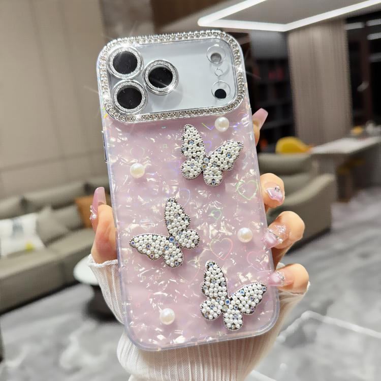 Custodia per telefono con texture a conchiglia, perle, farfalla e glitter di diamanti 3D, For iPhone 17 Pro Max, For iPhone 16 Pro Max, For iPhone 17 Pro, For iPhone 16 Pro, For iPhone Air, For iPhone 16 Plus, For iPhone 16, For iPhone 15 Pro Max      ...