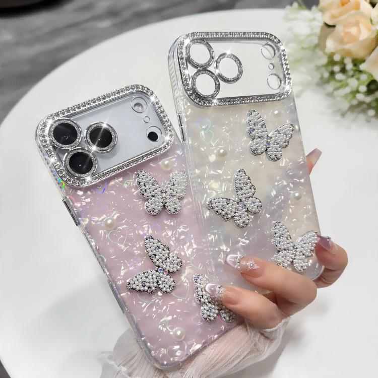 Custodia per telefono con texture a conchiglia, perle, farfalla e glitter di diamanti 3D, For iPhone 17 Pro Max, For iPhone 16 Pro Max, For iPhone 17 Pro, For iPhone 16 Pro, For iPhone Air, For iPhone 16 Plus, For iPhone 16, For iPhone 15 Pro Max      ...