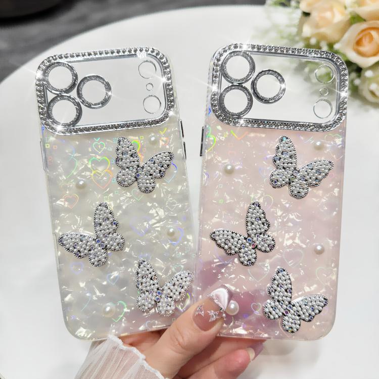 Custodia per telefono con texture a conchiglia, perle, farfalla e glitter di diamanti 3D, For iPhone 17 Pro Max, For iPhone 16 Pro Max, For iPhone 17 Pro, For iPhone 16 Pro, For iPhone Air, For iPhone 16 Plus, For iPhone 16, For iPhone 15 Pro Max      ...