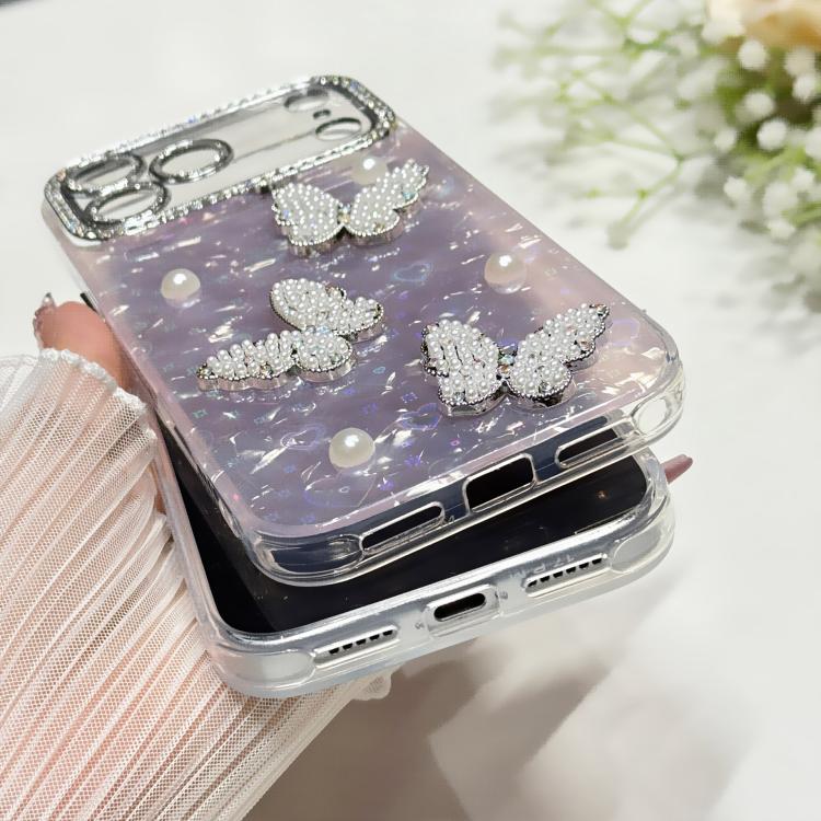Custodia per telefono con texture a conchiglia, perle, farfalla e glitter di diamanti 3D, For iPhone 17 Pro Max, For iPhone 16 Pro Max, For iPhone 17 Pro, For iPhone 16 Pro, For iPhone Air, For iPhone 16 Plus, For iPhone 16, For iPhone 15 Pro Max      ...