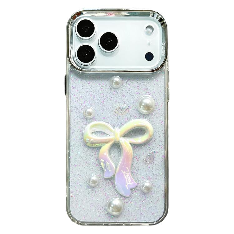 Custodia per telefono in TPU con fiocco 3D, perle e fiore d'amore., For iPhone 17 Pro Max, For iPhone 17 Pro, For iPhone 17, For iPhone Air