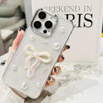 Custodia per telefono in TPU con fiocco 3D, perle e fiore d'amore., For iPhone 17 Pro Max, For iPhone 17 Pro, For iPhone 17, For iPhone Air