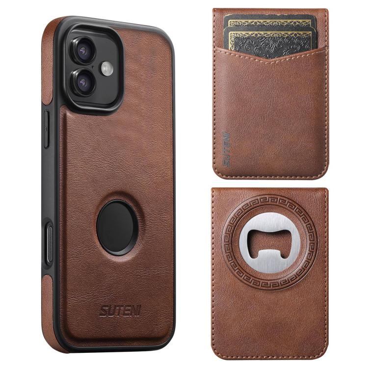Custodia per telefono Suteni G1S5 2 in 1 con apribottiglie magnetico rimovibile, porta carte e retro in pelle bovina., For iPhone 17 Pro Max, For iPhone 17 Pro, For iPhone 17, For iPhone Air, For iPhone 16 Pro Max, For iPhone 16 Pro, For iPhone 16 Plus...