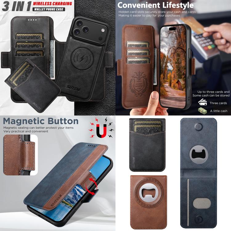 Custodia per telefono Suteni Q07S5 3 in 1 con apribottiglie staccabile, porta carte magnetico e inserti in ecopelle., For iPhone 15 Pro Max, For iPhone 15 Pro, For iPhone 15 Plus, For iPhone 15, For iPhone 14 Plus, For iPhone 14, For iPhone 14 Pro     ...