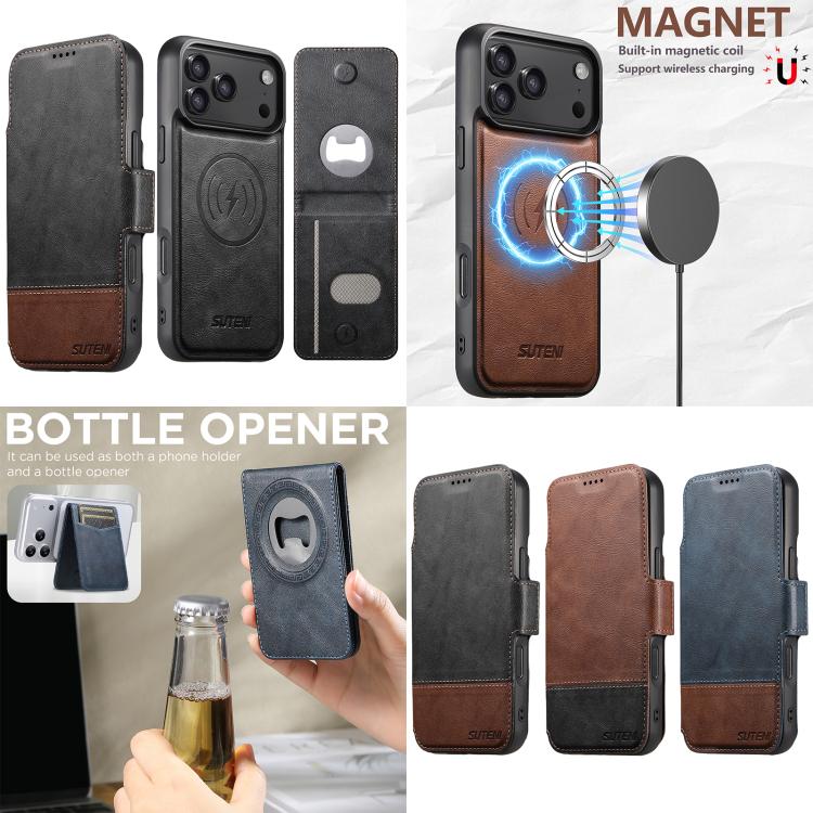 Custodia per telefono Suteni Q06S5 3 in 1 con apribottiglie staccabile, porta carte e chiusura magnetica in ecopelle., For iPhone 15 Pro Max, For iPhone 15 Pro, For iPhone 15 Plus, For iPhone 15, For iPhone 14 Plus, For iPhone 14, For iPhone 14 Pro    ...