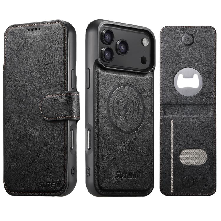 Suteni Q05S5 Custodia per telefono 3 in 1 con apribottiglie staccabile, porta carte magnetico in pelle bovina vegana, For iPhone 17 Pro Max, For iPhone 17 Pro, For iPhone 17, For iPhone Air, For iPhone 16 Pro Max, For iPhone 16 Pro, For iPhone 16 Plus ...