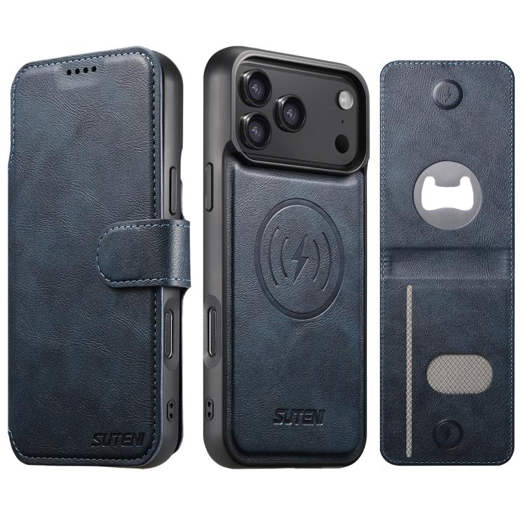 Suteni Q05S5 Custodia per telefono 3 in 1 con apribottiglie staccabile, porta carte magnetico in pelle bovina vegana, For iPhone 17 Pro Max, For iPhone 17 Pro, For iPhone 17, For iPhone Air, For iPhone 16 Pro Max, For iPhone 16 Pro, For iPhone 16 Plus ...