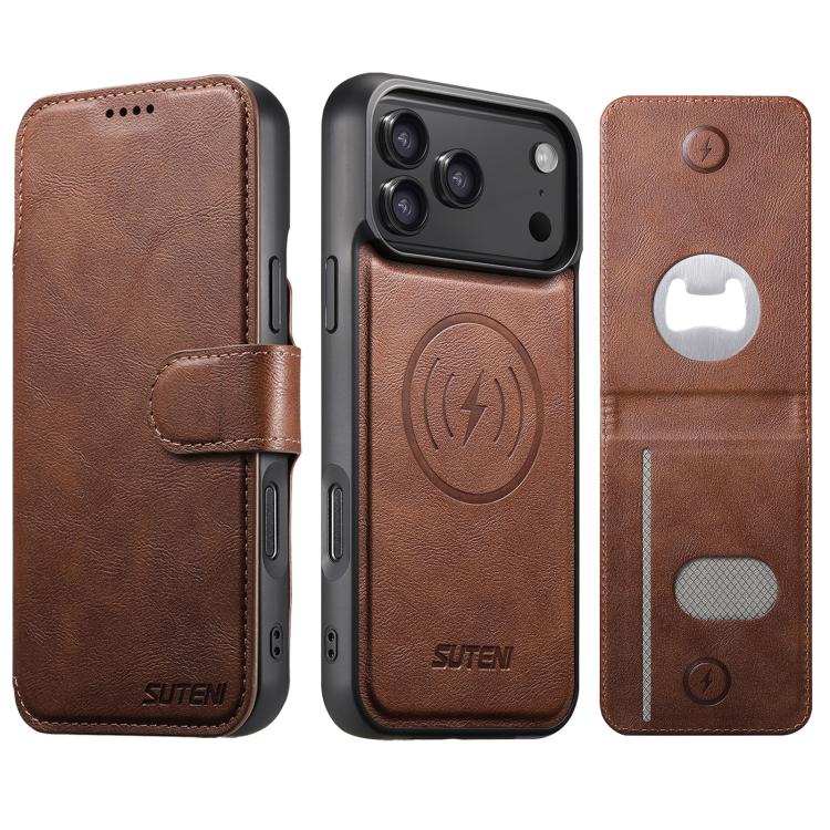 Suteni Q05S5 Custodia per telefono 3 in 1 con apribottiglie staccabile, porta carte magnetico in pelle bovina vegana, For iPhone 17 Pro Max, For iPhone 17 Pro, For iPhone 17, For iPhone Air, For iPhone 16 Pro Max, For iPhone 16 Pro, For iPhone 16 Plus ...