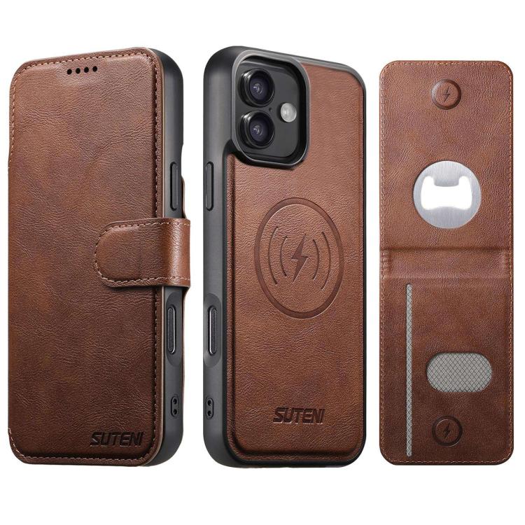Suteni Q05S5 Custodia per telefono 3 in 1 con apribottiglie staccabile, porta carte magnetico in pelle bovina vegana, For iPhone 17 Pro Max, For iPhone 17 Pro, For iPhone 17, For iPhone Air, For iPhone 16 Pro Max, For iPhone 16 Pro, For iPhone 16 Plus ...